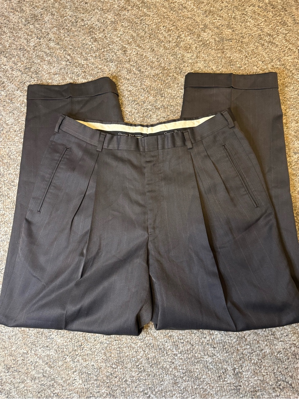Dior Vintage Men's Dark Charcoal herringbone Pleated cuffed Dress Pants